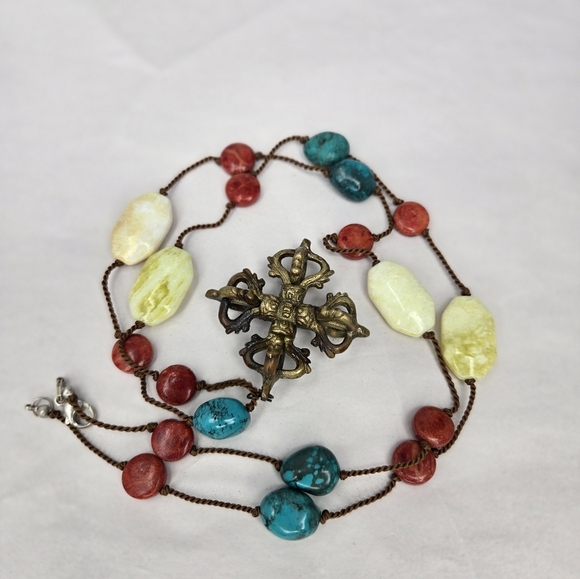 Vintage Turquoise,lemon Jasper & Red Quartz Bronze Pendant Necklace Hand Knotted - Picture 9 of 11